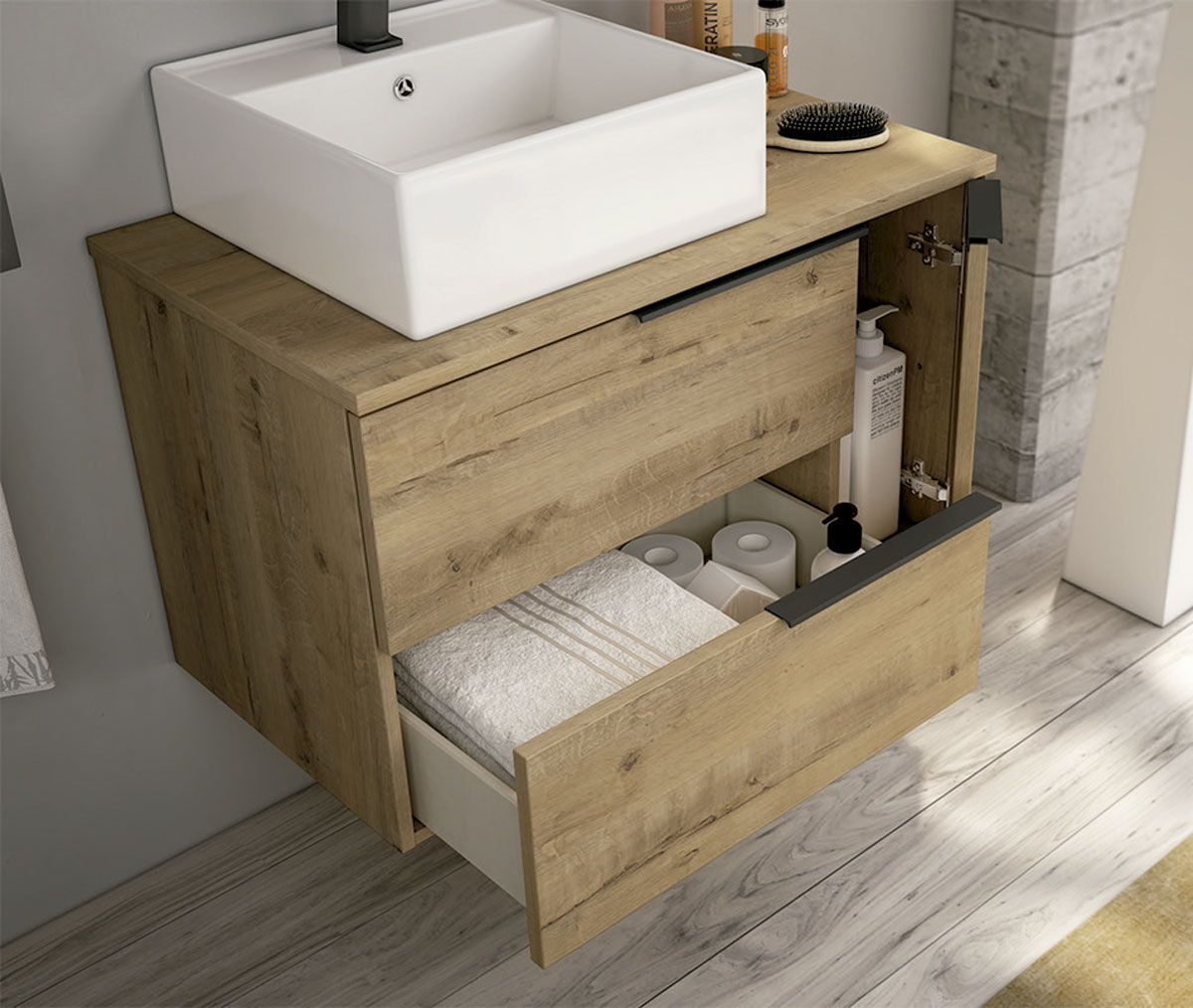 mueble de baño suspendido color marrón claro